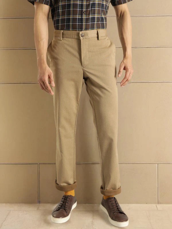 Indian Terrain Men's Regular Fit Solid Khaki Trousers